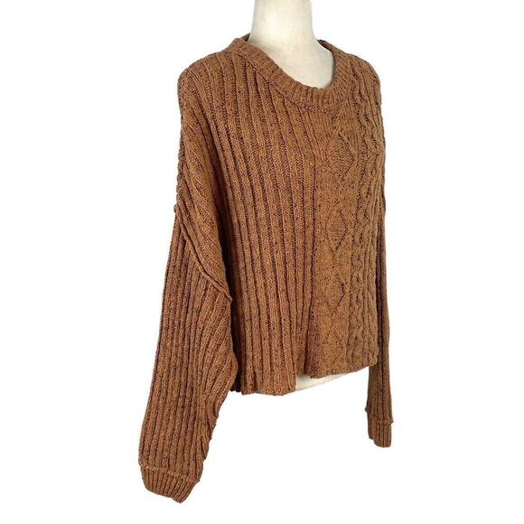 Free People On Your Side Pullover Sweater Small Cable Knit Brown Boxy Cropped - Picture 9 of 16